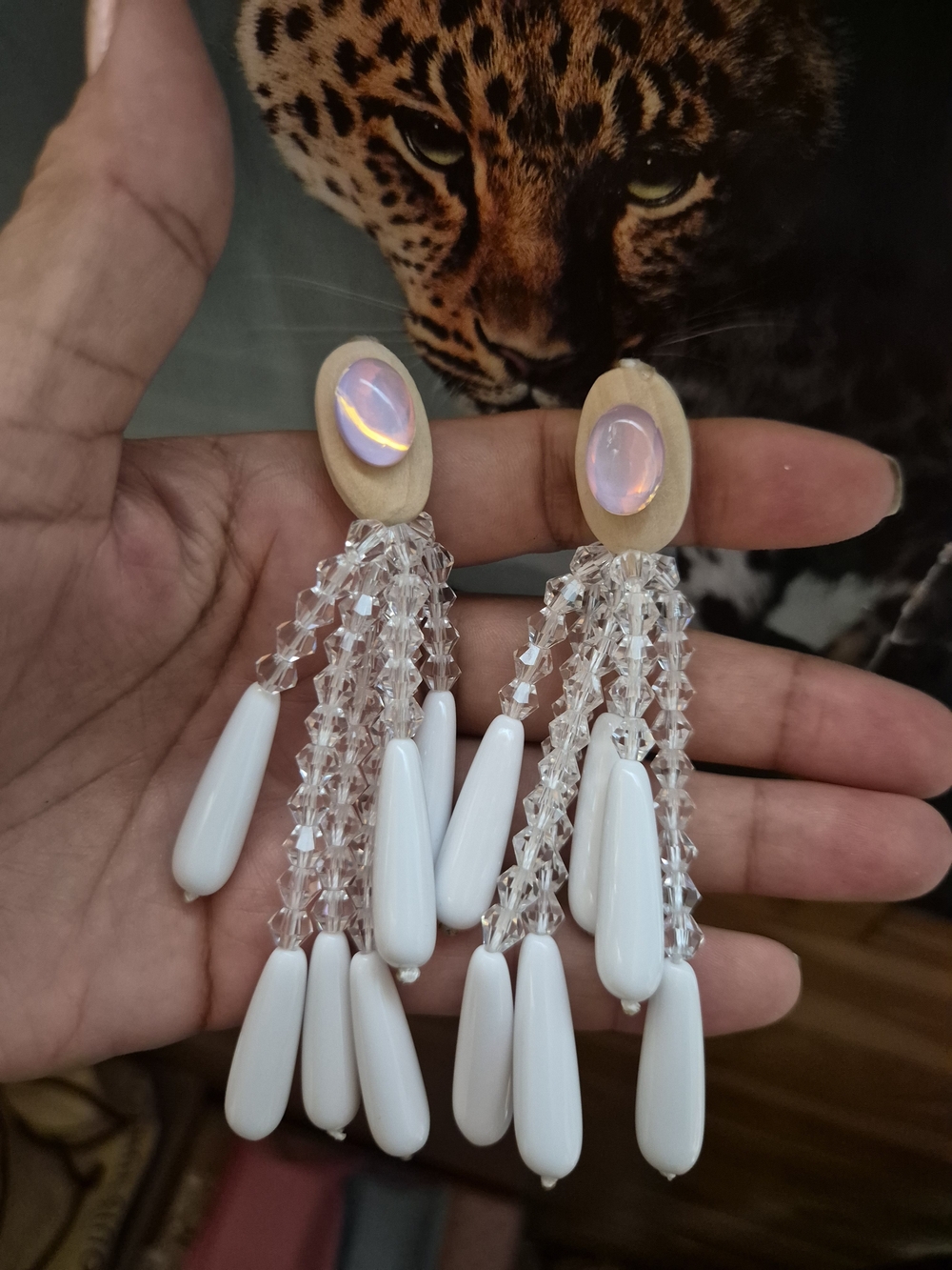 Opalescent White Beaded Tassel Drop Earrings